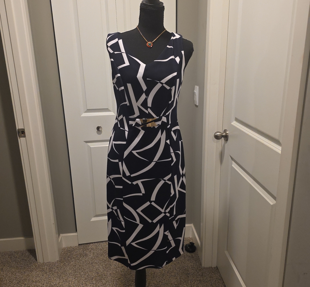 Joseph Ribkoff Navy & White Geometric Sleeveless Sheath Dress